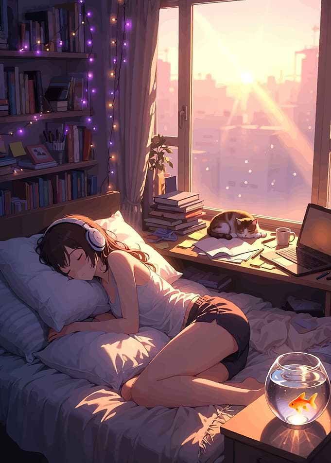 Cozy Anime Girl Sleeping in Bedroom