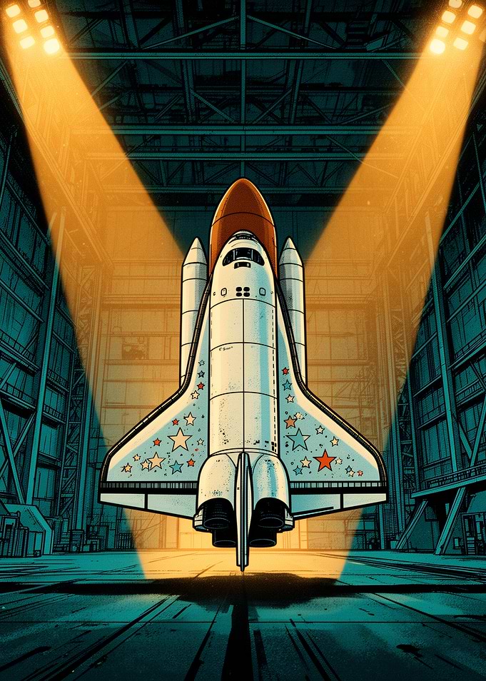 Space Shuttle in Hangar Spotlight