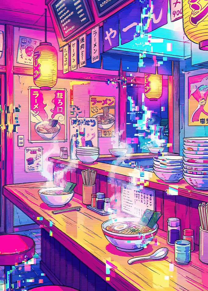 Neon Glitch Ramen Shop Interior