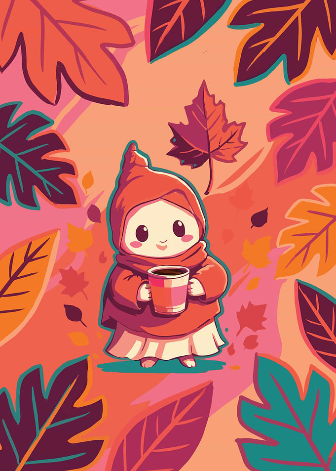 Cute Autumn Character with Coffee