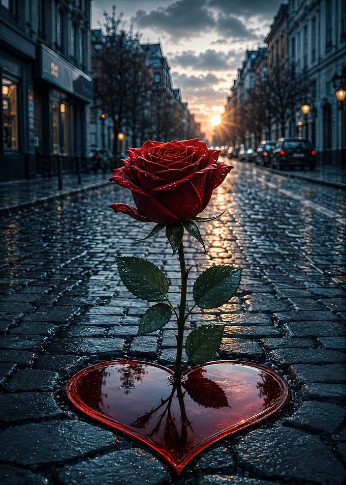 Red Rose Growing from Heart Puddle
