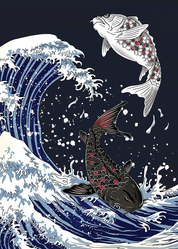Koi Fish and Great Wave Illustration