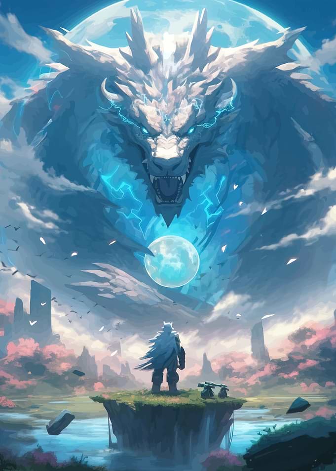 Warrior Facing a Giant Dragon
