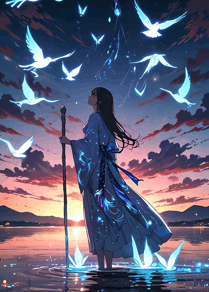 Girl with Glowing Birds at Sunset