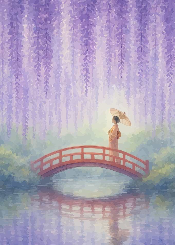 Woman on Bridge Under Wisteria