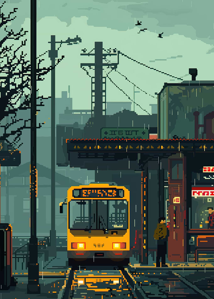 Rainy Day Pixel Art Bus Stop