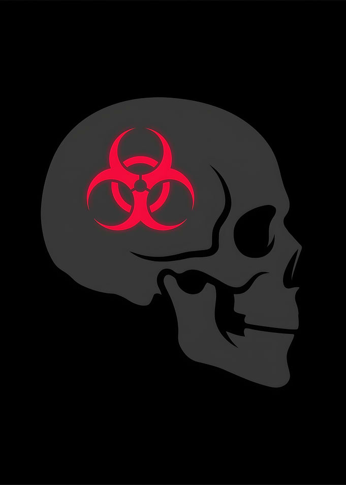 Glowing Red Biohazard Symbol Inside Human Skull Profile