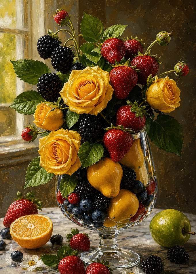 Still Life of Fruit and Roses