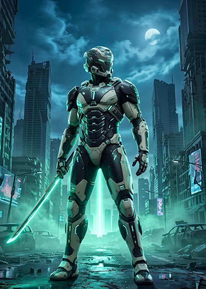 Futuristic Cyberpunk Warrior in Ruined City