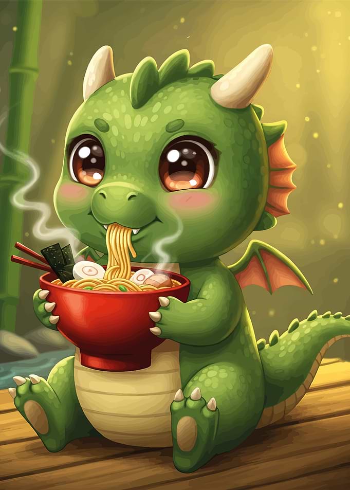 Cute Baby Dragon Eating Ramen