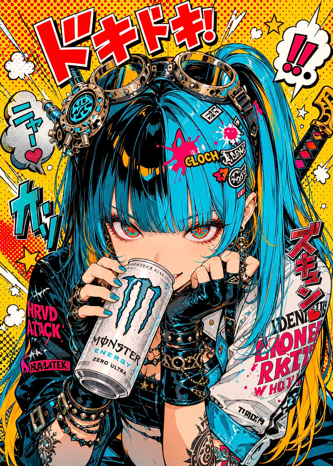 Cyberpunk Anime Girl with Monster Energy