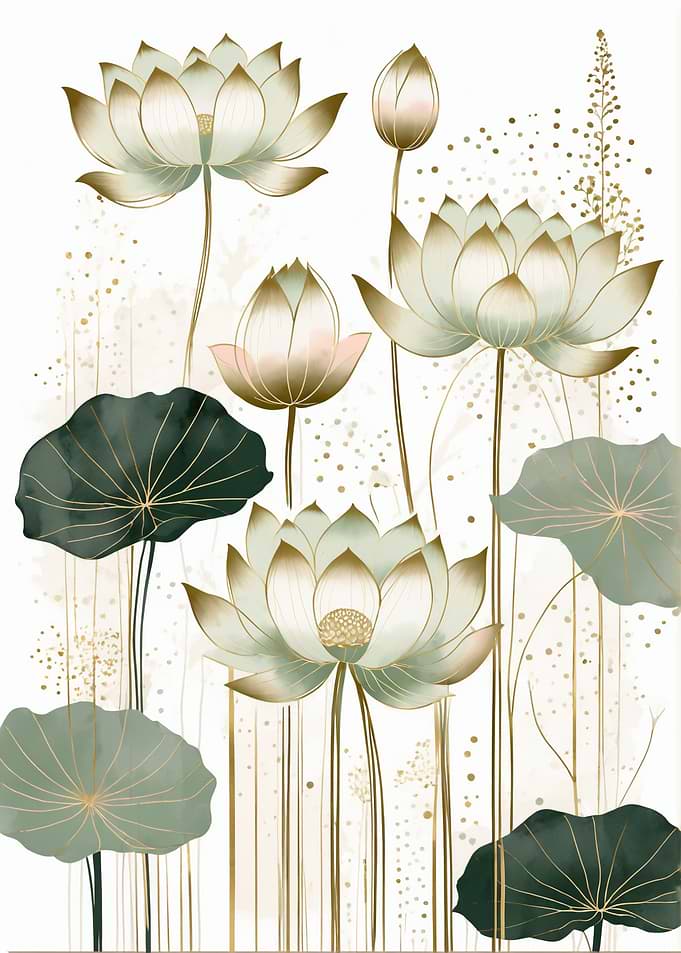 Elegant Gold and Green Lotus Art