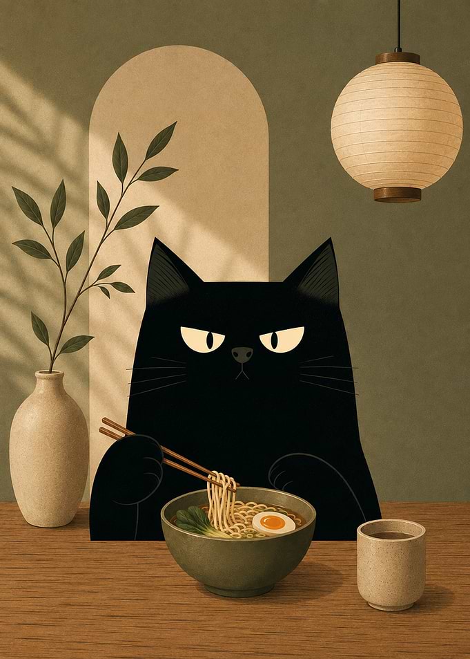 Black Cat Eating Ramen Illustration