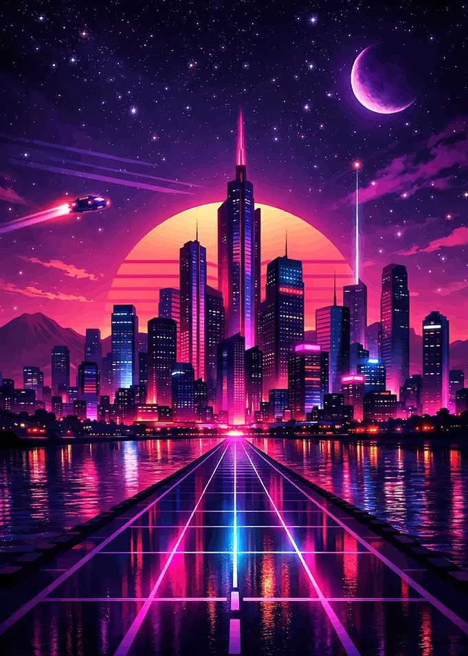 Neon Synthwave Futuristic Cityscape