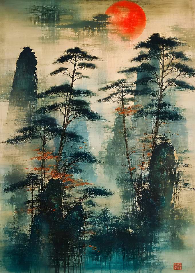 Ethereal Red Sun Mountain Landscape