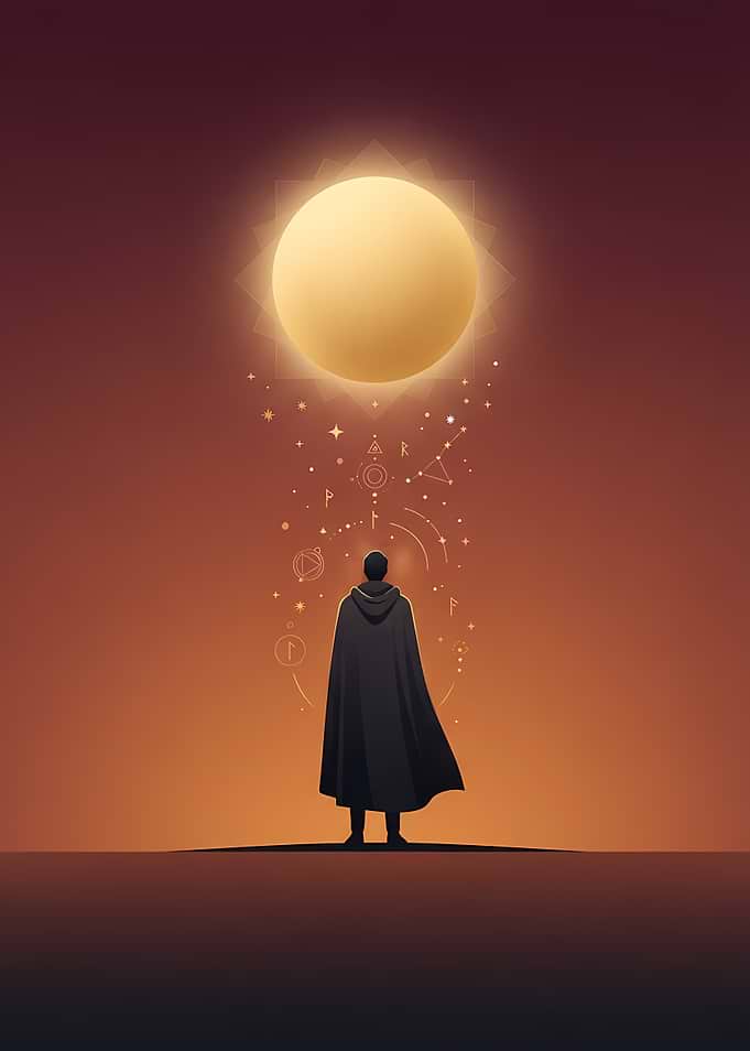 Cloaked Figure Facing Radiant Sun
