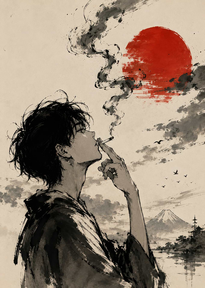 Simple anime Boy Smoking Under Red Sun