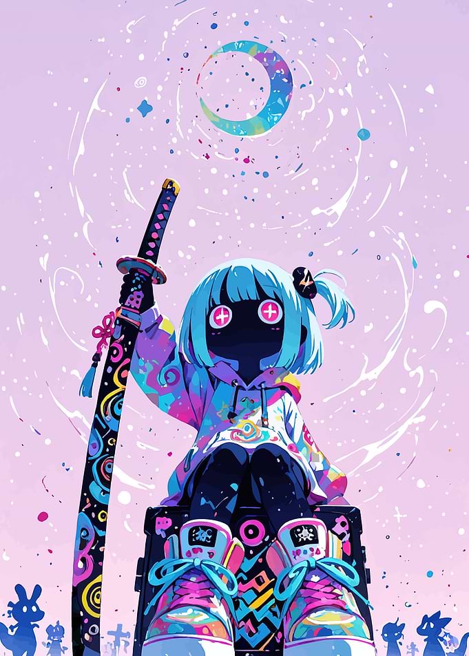 Colorful Anime Girl with Katana