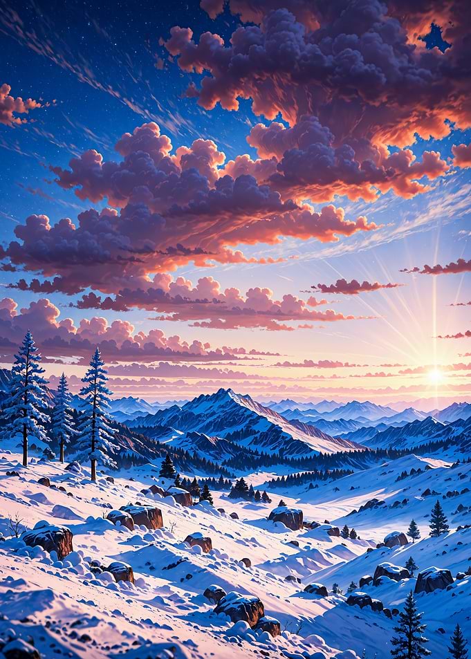 Snowy Mountain Sunset Landscape