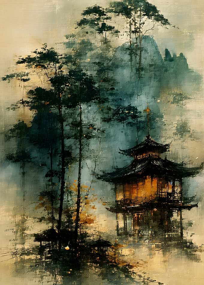 Golden Temple in Misty Forest