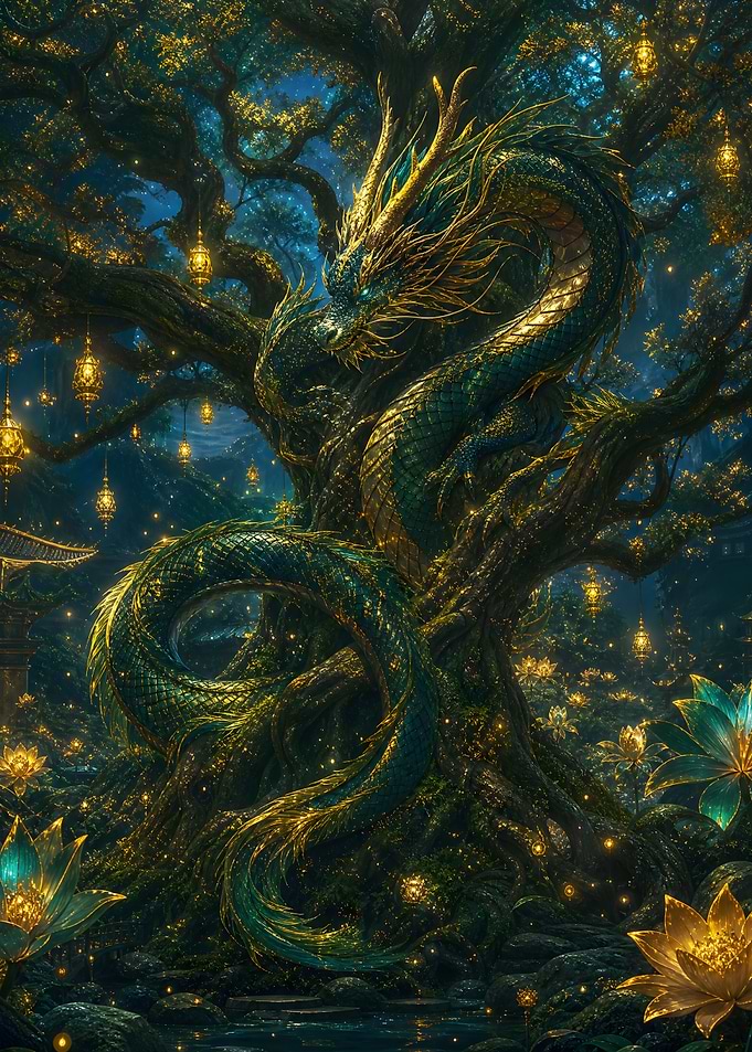 Majestic Golden Dragon in Enchanted Forest