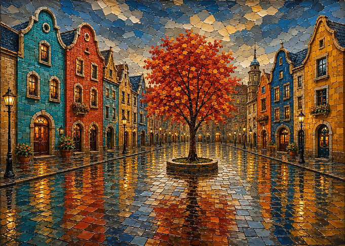 Vibrant Autumn Tree in European Square