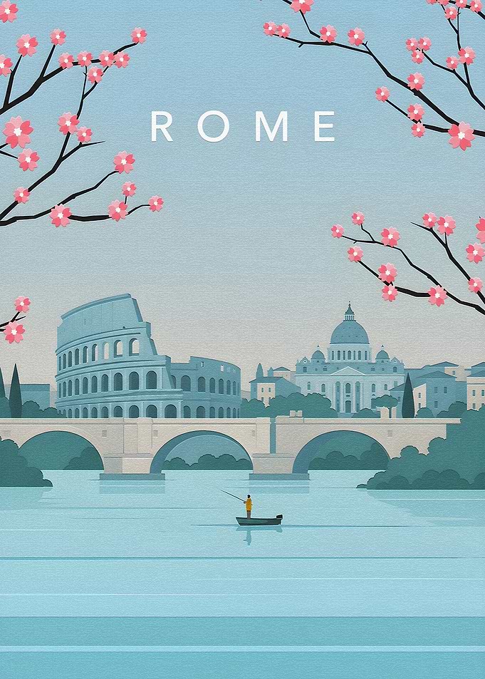 Rome Travel Poster with Cherry Blossoms