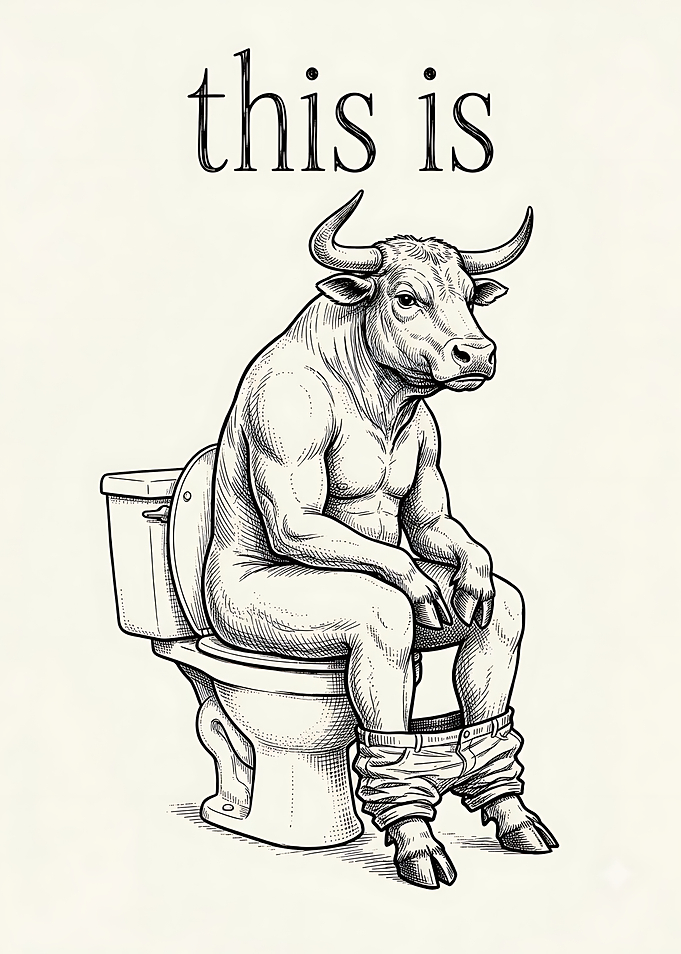 Bull Sitting on Toilet Illustration
