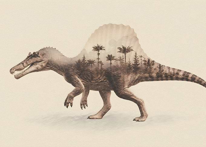 Double Exposure Spinosaurus Forest Silhouette