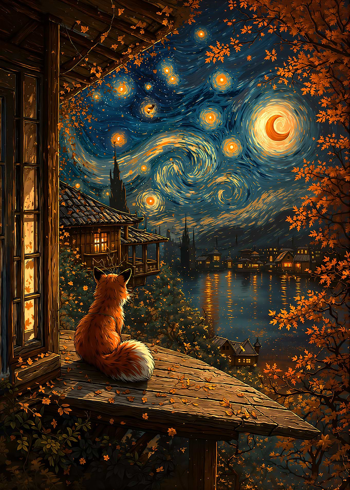 Fox Watching Starry Night Landscape
