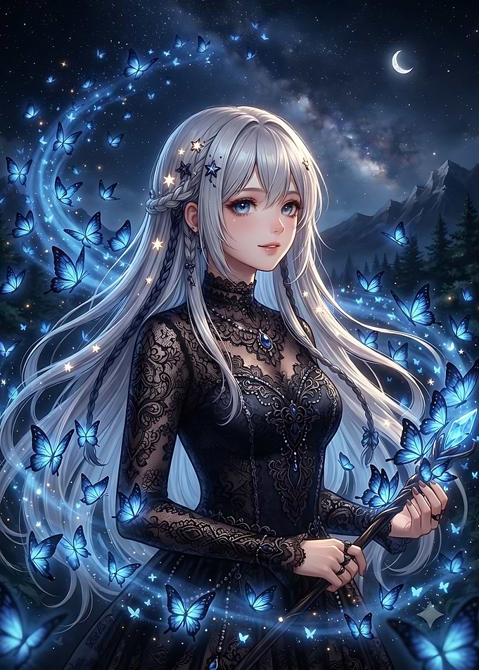 Anime Girl with Glowing Blue Butterflies