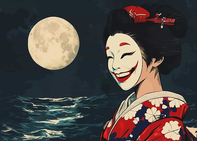 Geisha with Mask Under Full Moon