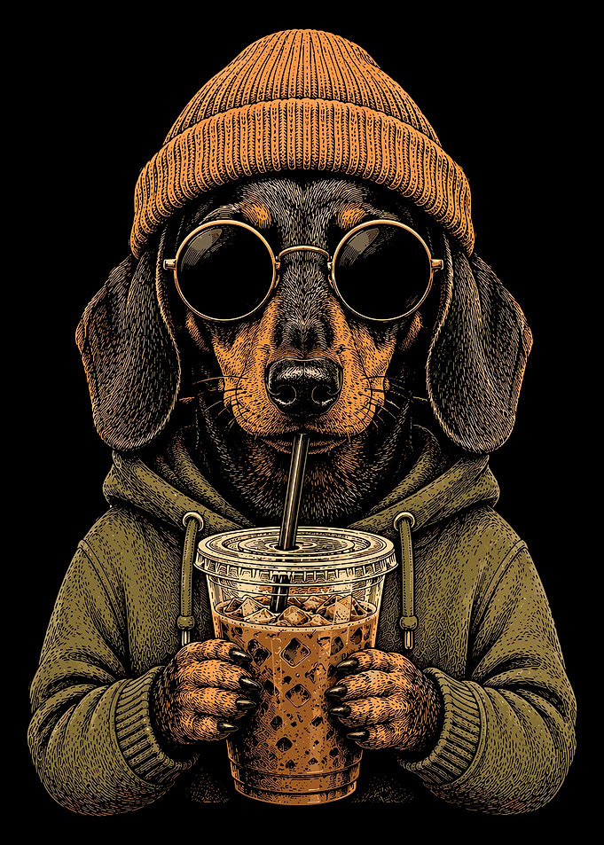 Cool Dachshund Drinking Iced Coffee