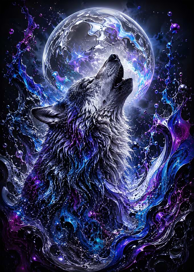 Wild Wolf Howling at Liquid Moon