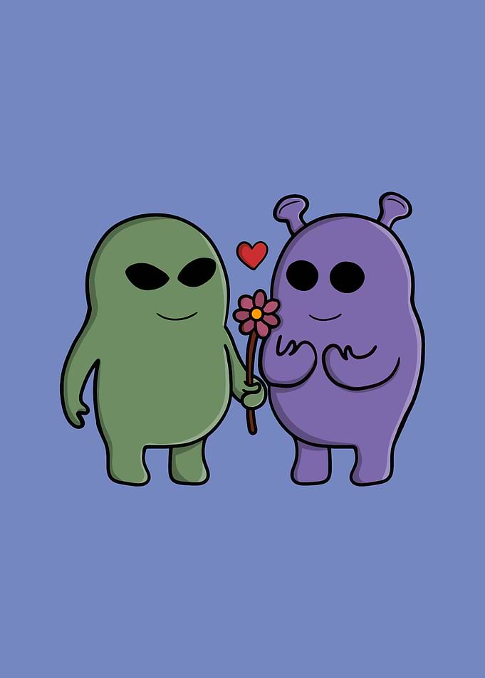 Cute Alien Couple with Flower