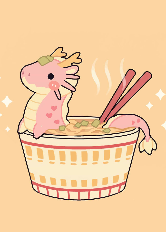 Cute Pink Dragon in Ramen Bowl