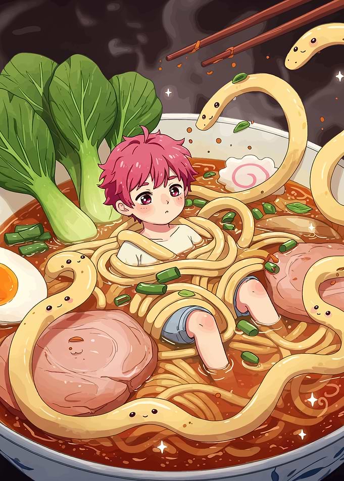 Cute Anime Boy Swimming in Ramen