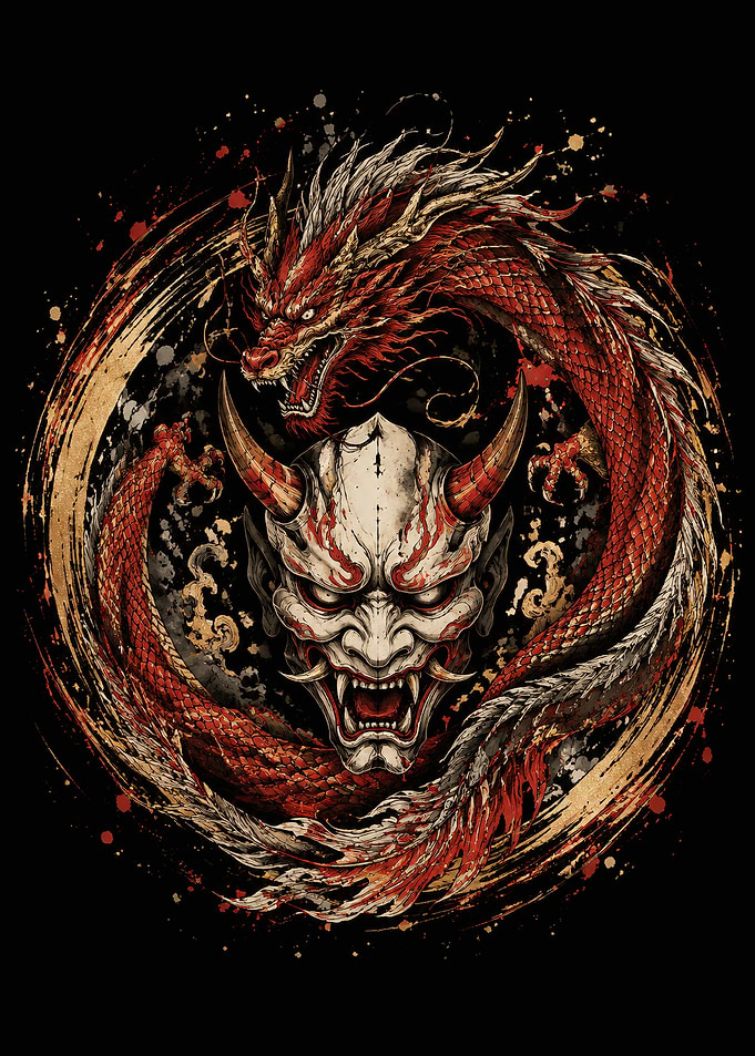 Japanese Dragon and Oni Mask Art