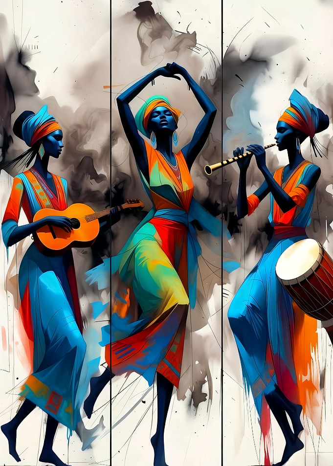 African Women Musicians and Dancer Triptych