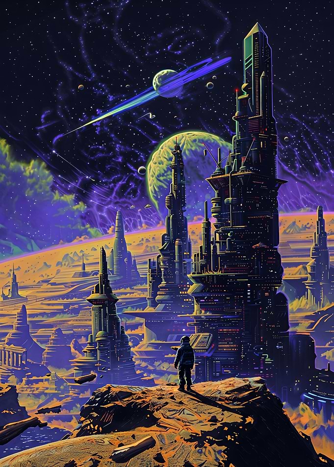 Astronaut Overlooking Alien Sci-Fi City