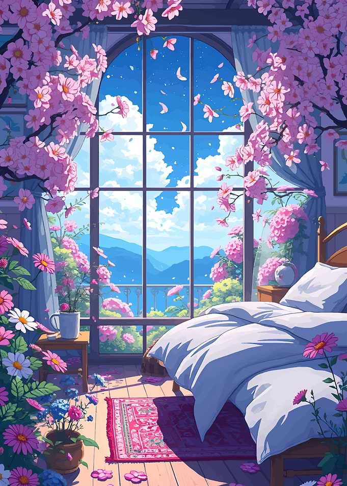 Dreamy Bedroom with Cherry Blossoms