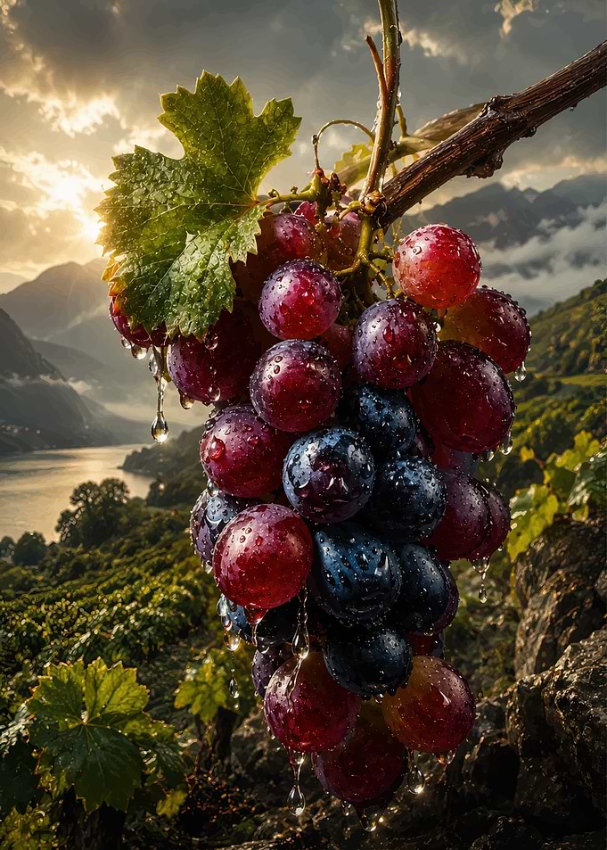 Dew-Covered Grapes in Vineyard Landscape
