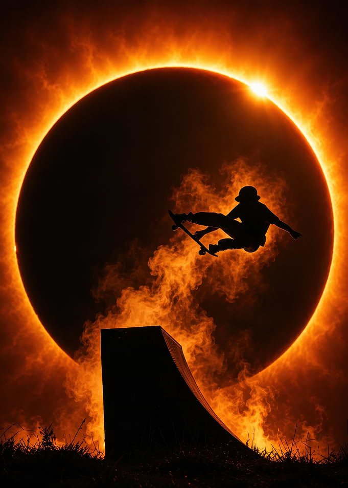 Skateboarder Jumping Against Solar Eclipse