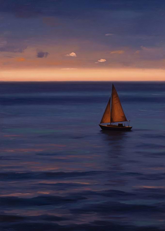 Amber Sail on an Indigo Dusk Sea