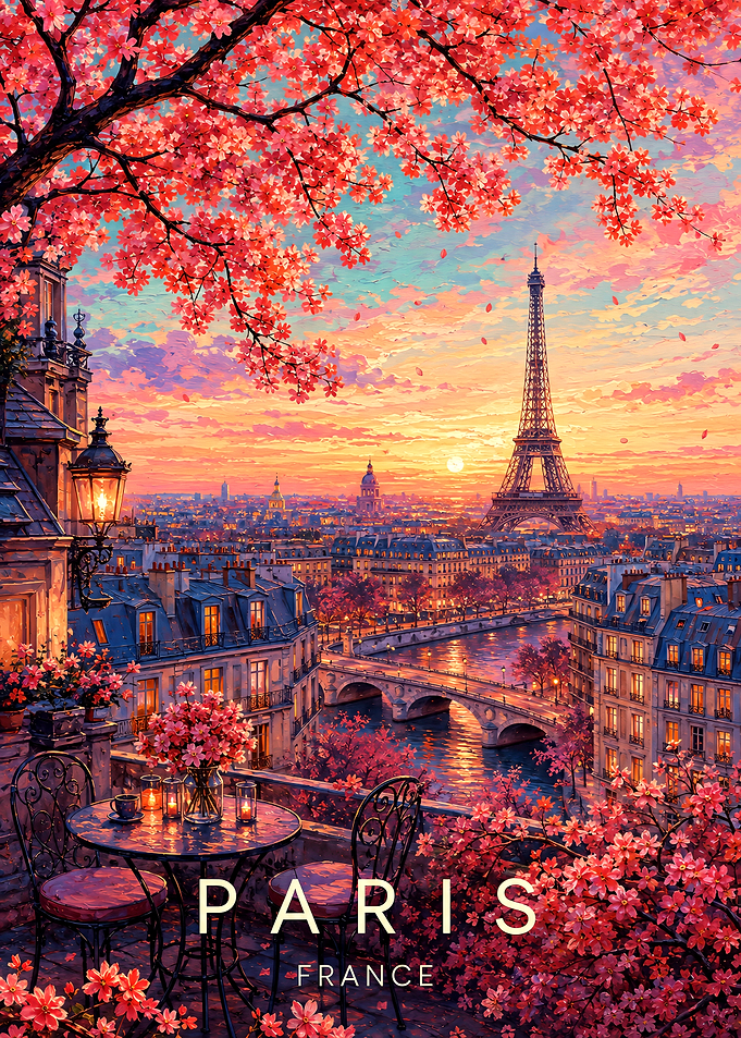 Paris France Sunset Cherry Blossom View