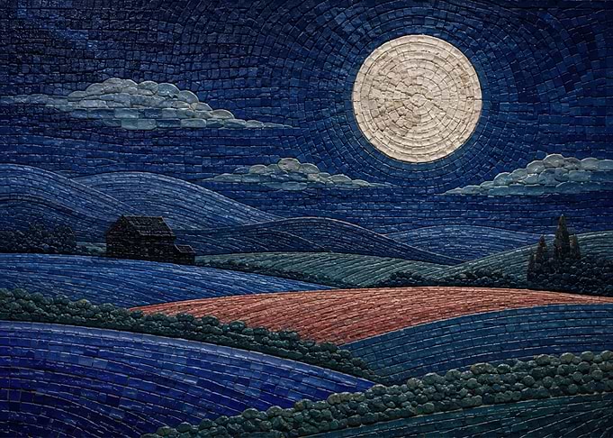 Mosaic Landscape Under Full Moon