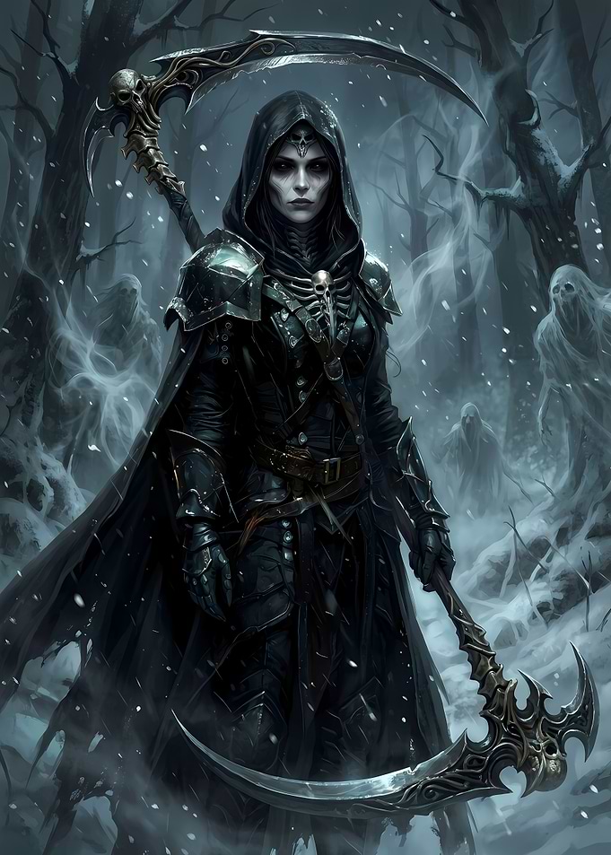 Dark Fantasy Reaper in Snowy Forest