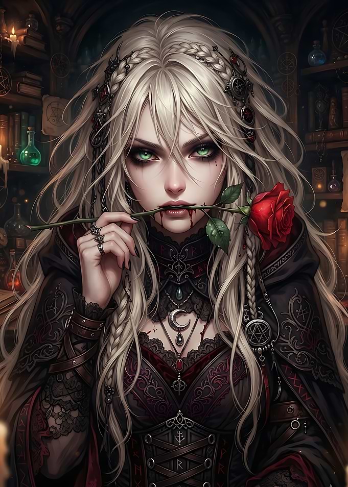 Gothic Vampire Sorceress with Red Rose