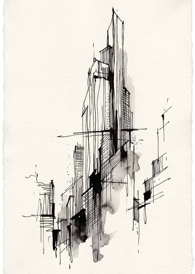 Abstract Ink Sketch of City Skyline