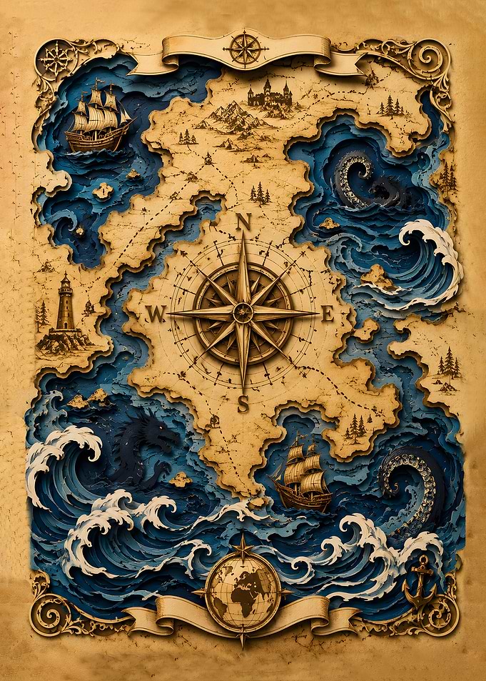 Nautical Chart - Old Vintage Ocean Map and Compass Rose